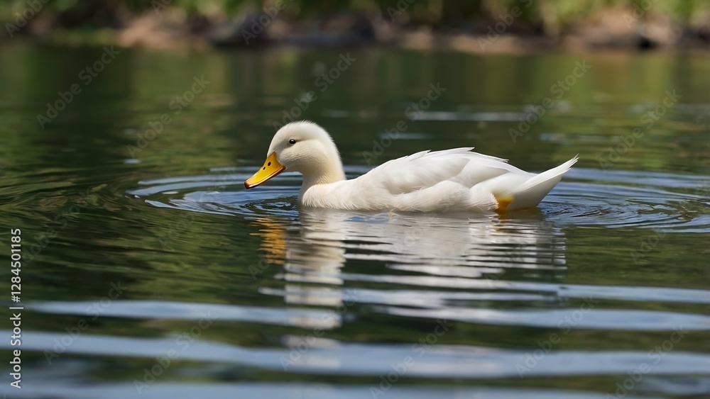 White Duck Swimming in Tranquil Lake Waters White Duck Swimming in Tranquil Lake Waters