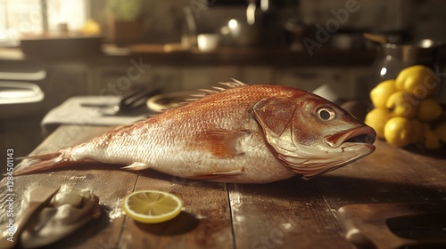 Culinary Delicacy: Raw Fish Displayed on Rustic Tabletop photo