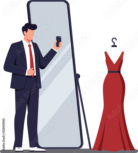 Man trying on a red dress in front of a mirror, flat vector illustration