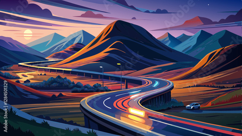 Car light trails on winding road through the highlands near Glencoe in Scotland at dusk