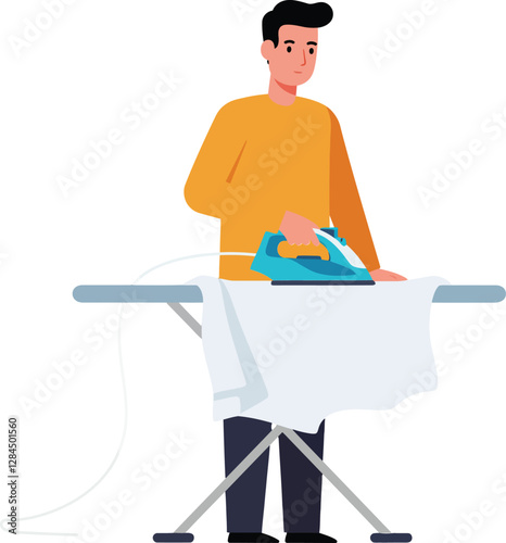 Man ironing clothes with modern equipment in flat and minimal vector illustration