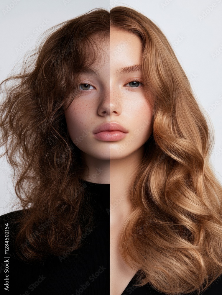 Naklejka premium Transformation of hair styling showcasing contrast between unkempt and polished looks in a portrait setting. Generative AI