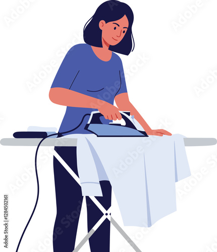 Woman ironing a shirt in flat style vector illustration for household tasks