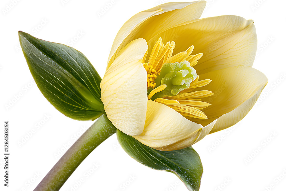 Obraz premium Open Yellow Flower isolated. Close-up petals, stamen details. Possible use Spring promo, design element