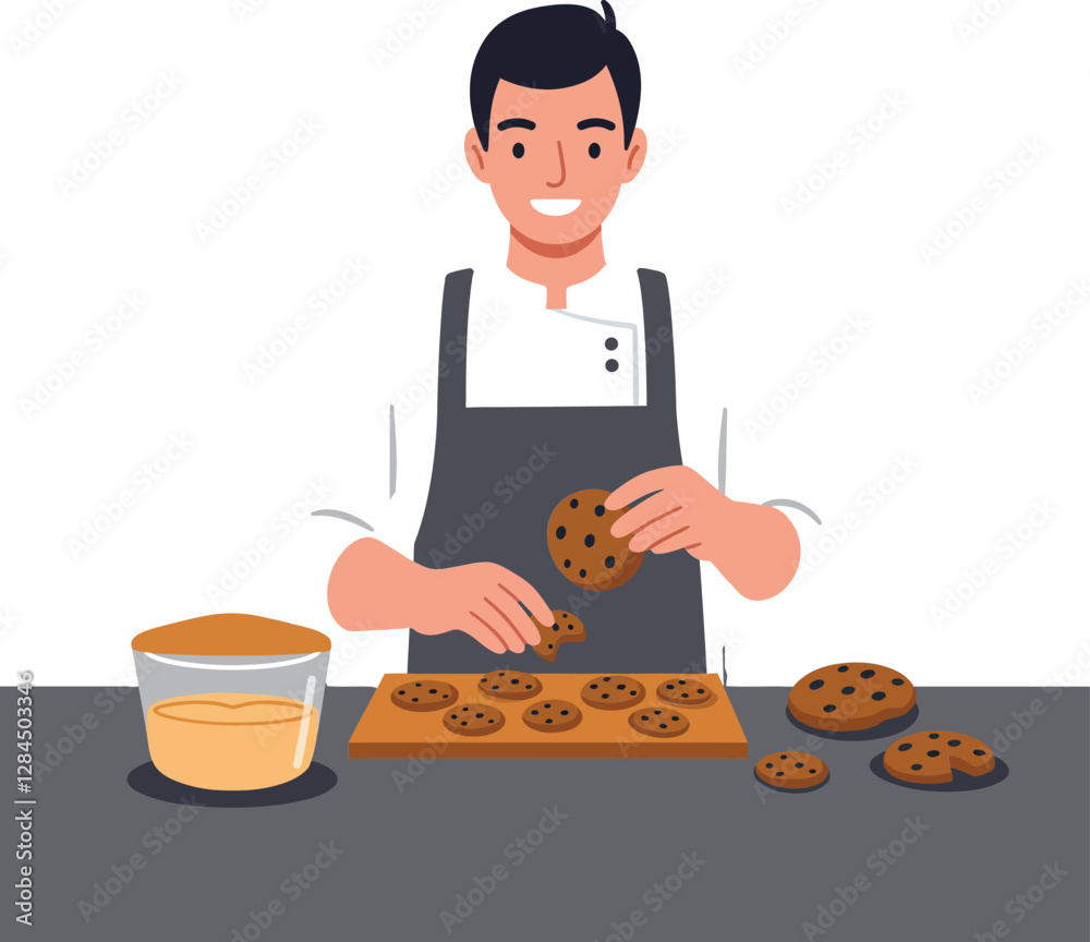 Baker preparing fresh cookies with ingredients on table in minimal vector illustration Baker preparing fresh cookies with ingredients on table in minimal vector illustration