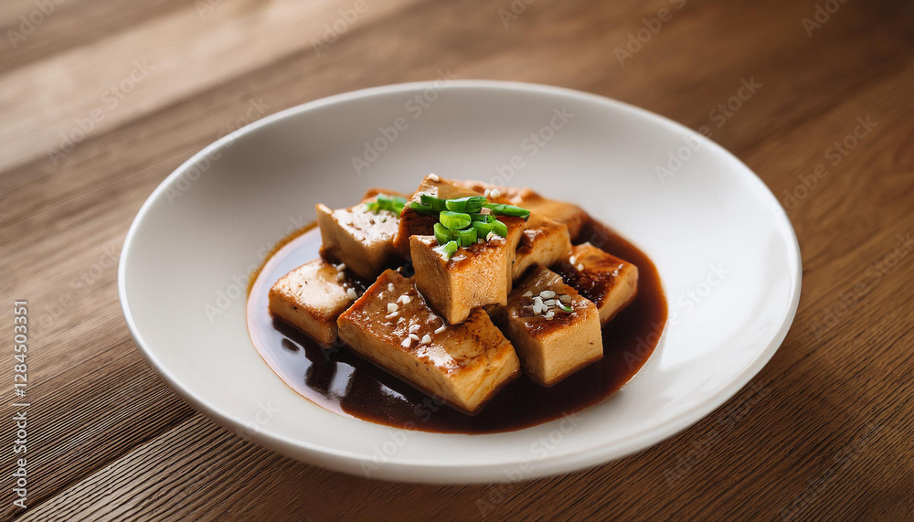 Miso braised tofu over wooden table. Tasty meal. Delicious food for dinner. Culinary concept. Miso braised tofu over wooden table. Tasty meal. Delicious food for dinner. Culinary concept.