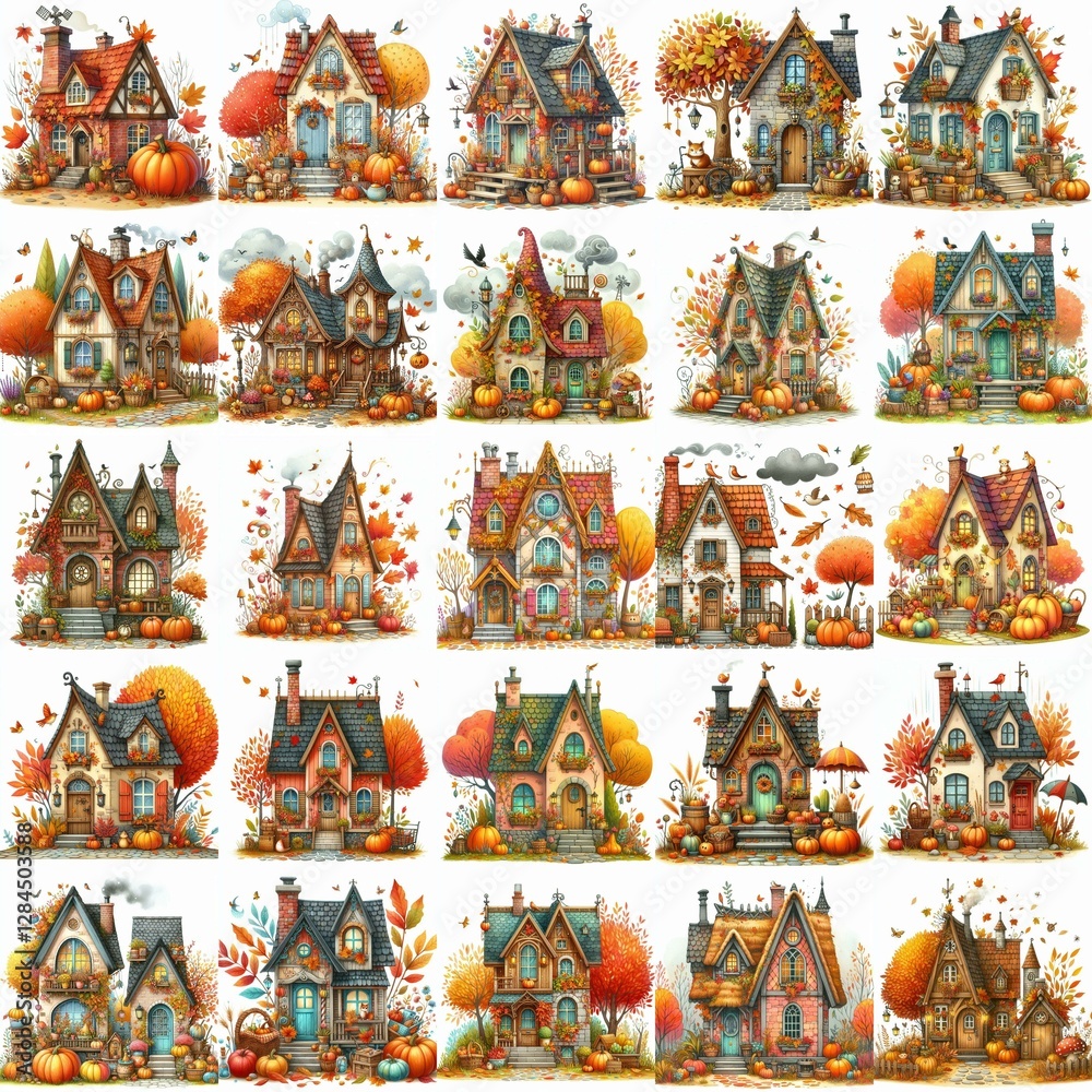 Naklejka premium Watercolor Autumn House. AI generated illustration