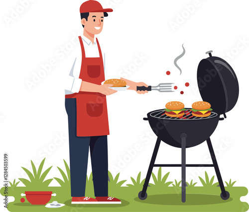 Man cooking burgers on a grill in a flat and colorful vector illustration