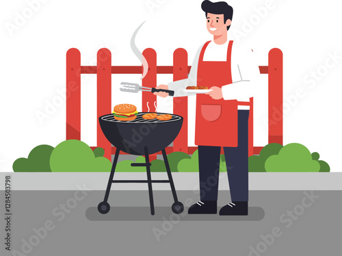 Man grilling burgers on a barbecue with flat design and bright colors vector illustration