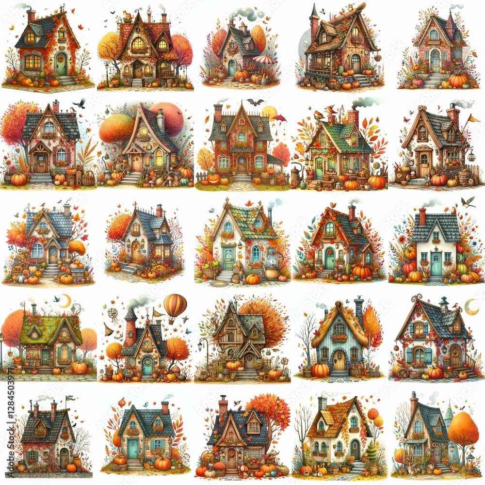 Naklejka premium Watercolor Autumn House. AI generated illustration