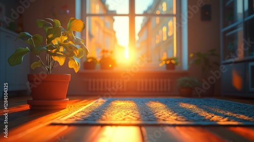 Sunset view from window, plant on rug, warm interior photo
