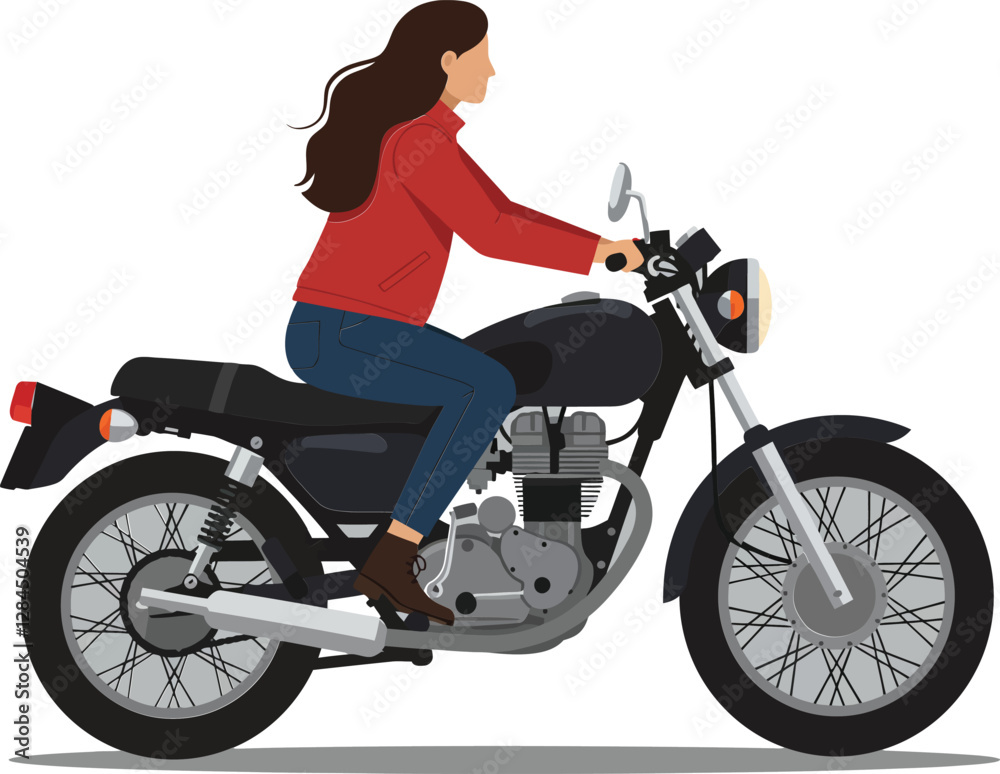Woman riding a classic motorcycle in a flat design vector illustration Woman riding a classic motorcycle in a flat design vector illustration