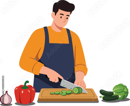 Man chopping vegetables in modern kitchen, flat design style, vector illustration