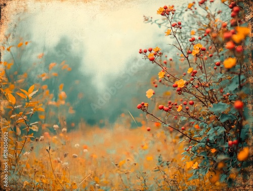 A field of wildflowers and grass with tall stems of small orange flowers and green leaves, with a blurry background in soft blue and orange tones, creating a peaceful and warm atmosphere