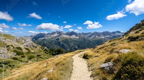 Scenic view of a winding trail surrounded by lush mountains under a bright blue sky : Generative AI photo