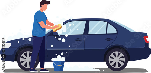 Man washing blue car with soap bubbles in flat vector illustration