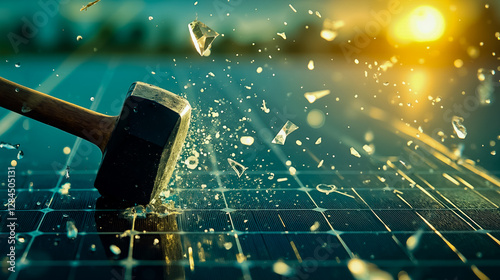 A hammer hitting a piece of glass on top of a solar panel