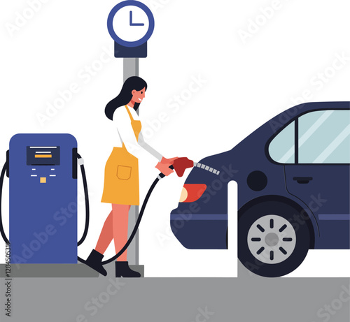 Woman refueling car at gas station in flat vector illustration style