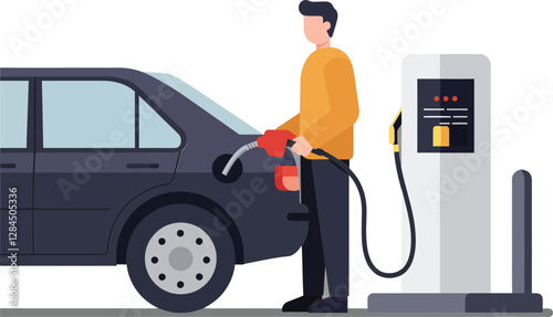 Man refueling black car at gas station in flat vector art