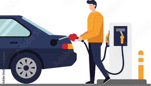 Person refueling a car at a gas station in flat vector art style