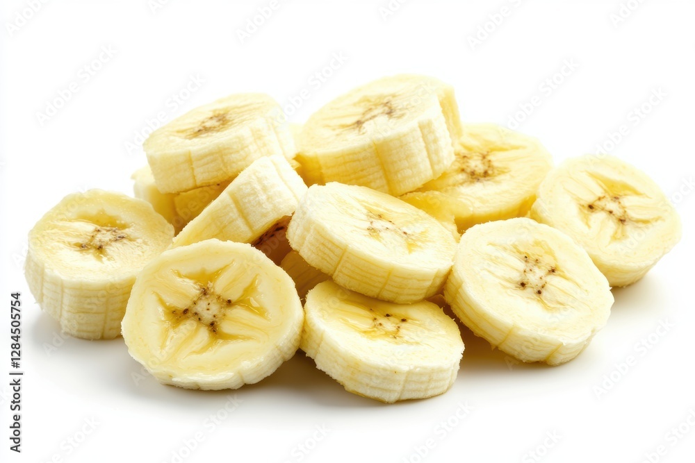 Fresh banana slices piled together, showcasing their natural texture and color, isolated on a white background. Fresh banana slices piled together, showcasing their natural texture and color, isolated on a white background.