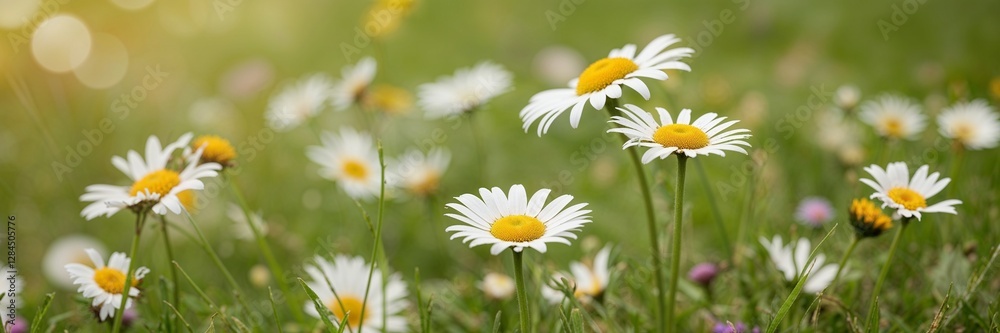 Fototapeta premium Beautiful Daisy in a Meadow - Daisies in Grass with Light Bokeh Background