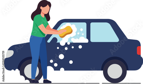 Woman washing car with sponge in colorful flat vector illustration