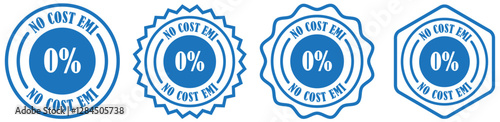 No cost emi rubber stamp collection set on white background. Finance promo round badge. Emi discount badge set. Round zero emi sticker. No interest payment badge. No cost emi icon for finance deals