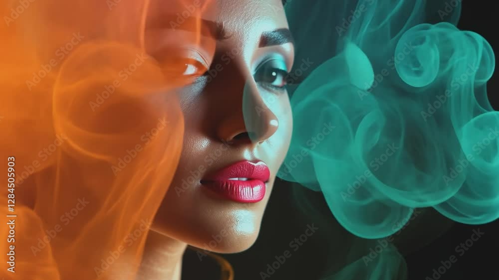 Smoldering Beauty: An artistic portrait of a woman with striking features, her face framed by ethereal plumes of vibrant orange and teal smoke, creating a captivating visual narrative.