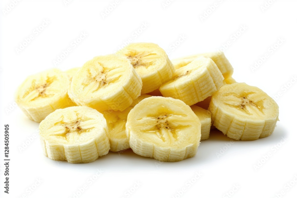 Fresh banana slices piled together, showcasing their natural texture and color, isolated on a white background. Fresh banana slices piled together, showcasing their natural texture and color, isolated on a white background.