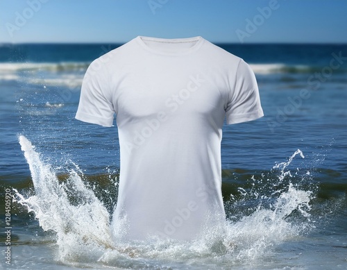 Camiseta blanca foto de maqueta salpicadura de agua, fotografía de producto, fondo una pplaya paradisiaca con olas, flotando en el aire, mockup photo