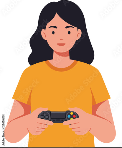 Female gamer holding a video game controller in flat vector illustration