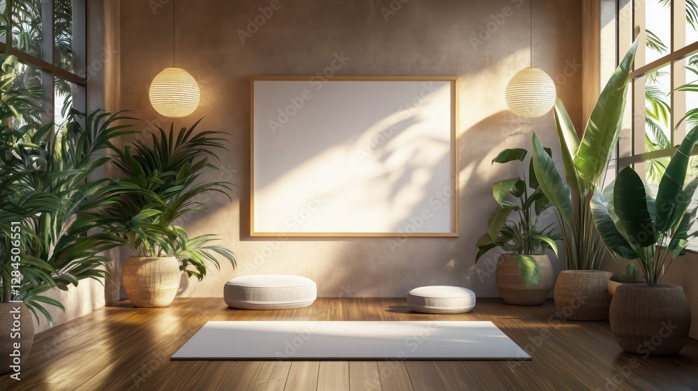 Fototapeta premium Peaceful Yoga Studio Showcasing a Frame Mockup with Wooden Floors, Calming Plants, and Soft Lighting, Ideal for Wellness, Mindfulness, or Relaxation-Related Products