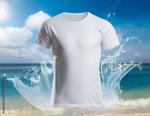 Camiseta blanca foto de maqueta salpicadura de agua, fotografía de producto, fondo una pplaya paradisiaca con olas, flotando en el aire, mockup photo