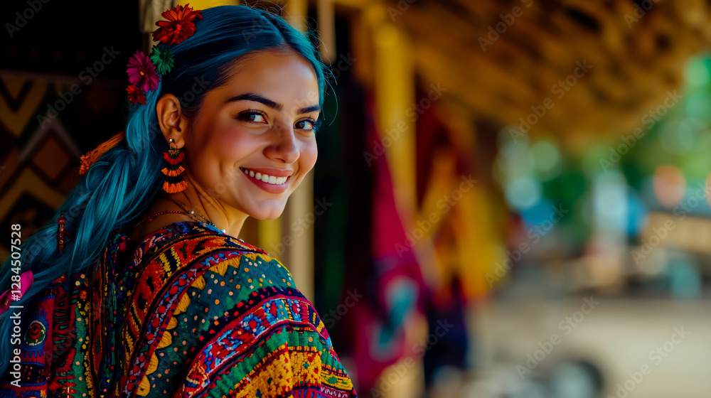 Fototapeta premium A woman with blue hair smiles at the camera