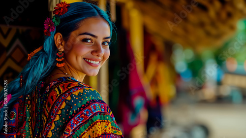 A woman with blue hair smiles at the camera