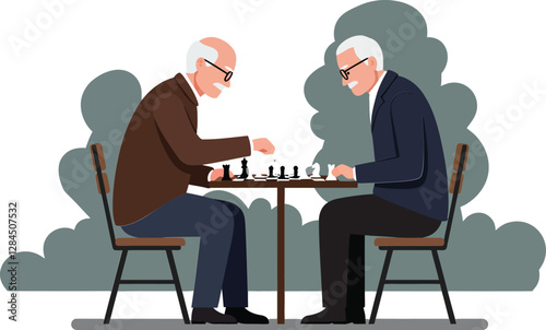 Two elderly men engaged in chess game, flat design vector art