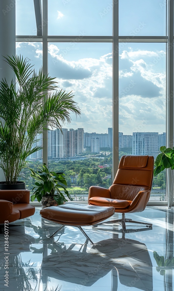 Fototapeta premium Modern lounge chair, city view, high-rise interior, relaxing atmosphere