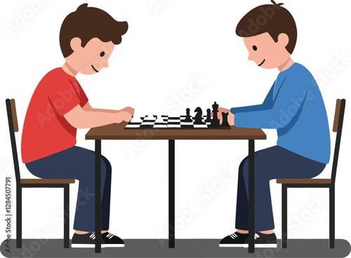Two children playing chess in minimal flat design vector illustration