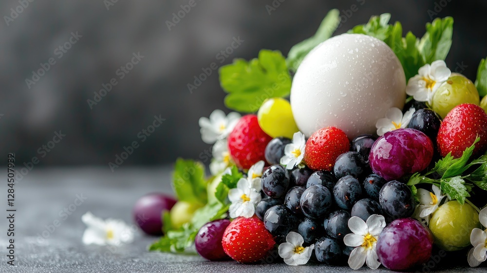 Fresh fruit arrangement with egg, spring flowers Fresh fruit arrangement with egg, spring flowers