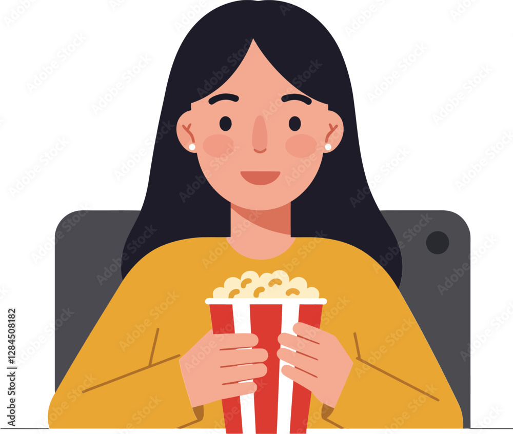 Woman enjoying popcorn while sitting in a modern environment flat vector illustration Woman enjoying popcorn while sitting in a modern environment flat vector illustration