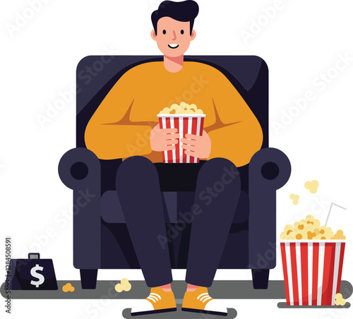 Person enjoying popcorn while sitting on a couch in flat vector art