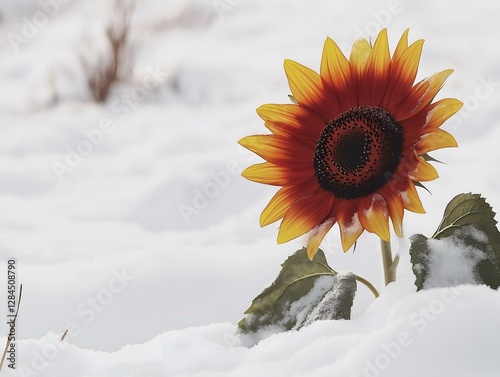 close up sunflower, winter setting, rich yellow petals, snow, muted background, textured petals
