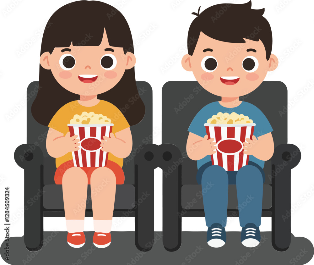 Children enjoying popcorn while watching a movie in flat vector art Children enjoying popcorn while watching a movie in flat vector art