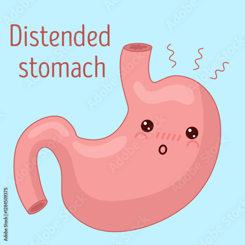 Cute character of distended stomach. Concept of overeating, sick stomach. Vector illustration.