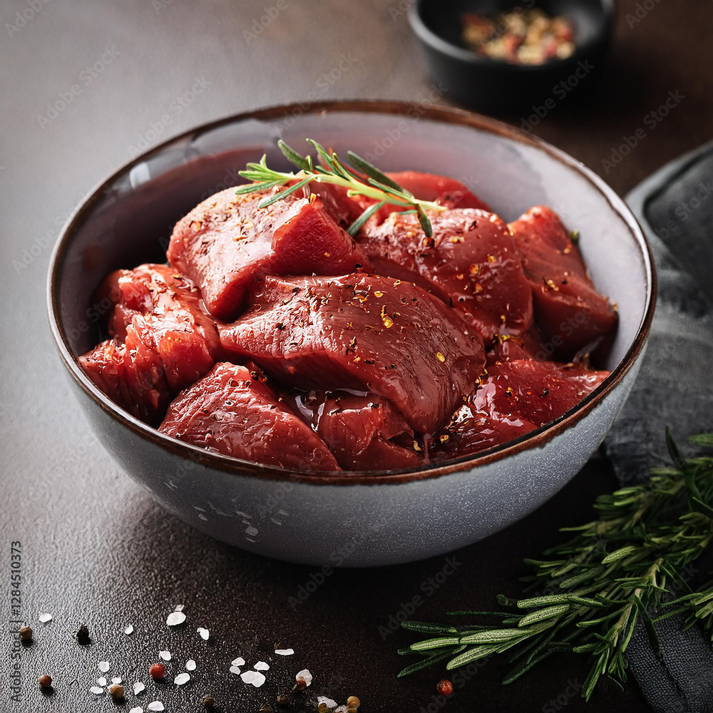 Raw beef marinated in bowl with aromatic spices, fresh meat. Tasty food for dinner. Cooking concept Raw beef marinated in bowl with aromatic spices, fresh meat. Tasty food for dinner. Cooking concept