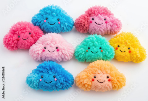 Colorful Cloud Plushies with Smiling Faces on a White Background