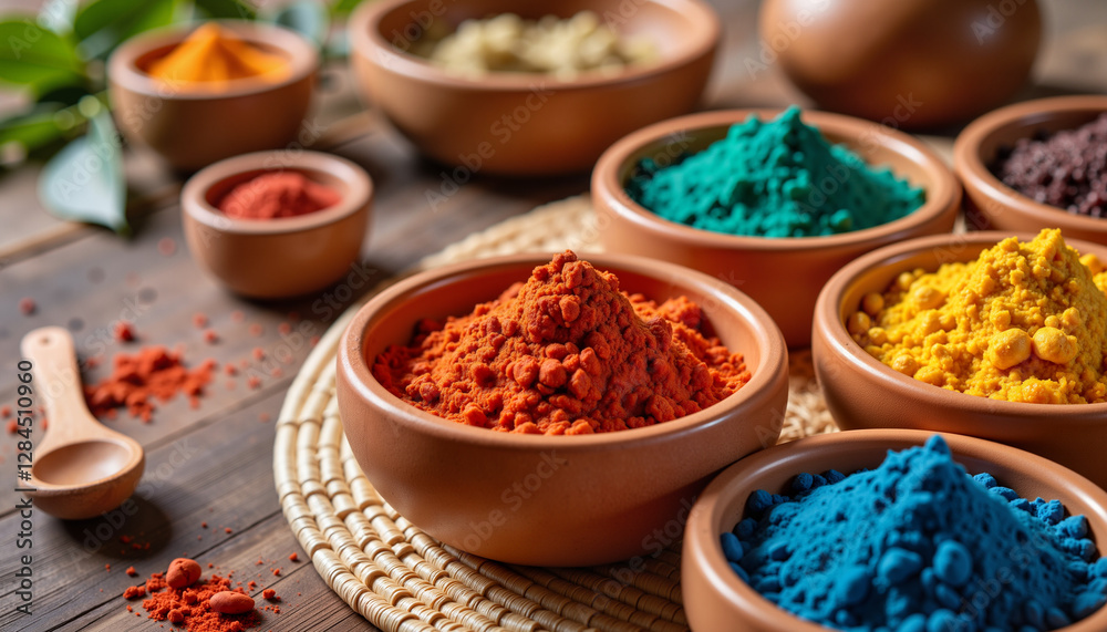 Vibrant multicolor powders in clay bowls, cozy evening ambiance Vibrant multicolor powders in clay bowls, cozy evening ambiance