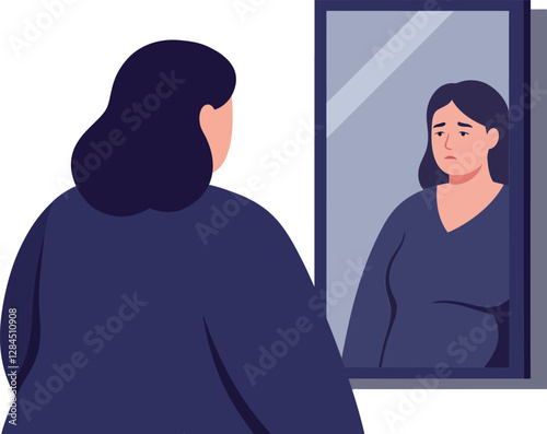 Woman gazing at reflection in mirror with flat design vector art