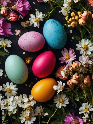 A bouquet of colorful Easter eggs placed on a black surface, surrounded by white and pink flowers.